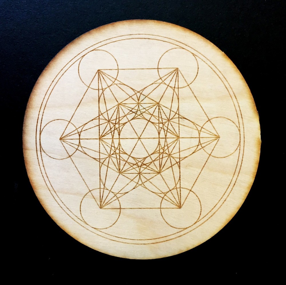 Laser engraved 4.5” Metratrone’s Cube Crystal Grid