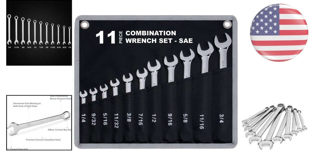 Complete 11-Piece Wrench Set with Roll-Up Pouch | Rust-Resistant Chrome Vanadium
