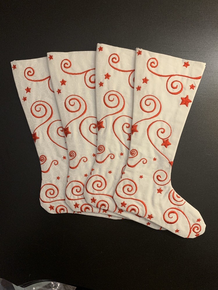 Custom-made Stocking Utensil Holders (4), Scroll White Fabric w/Red Embroidery