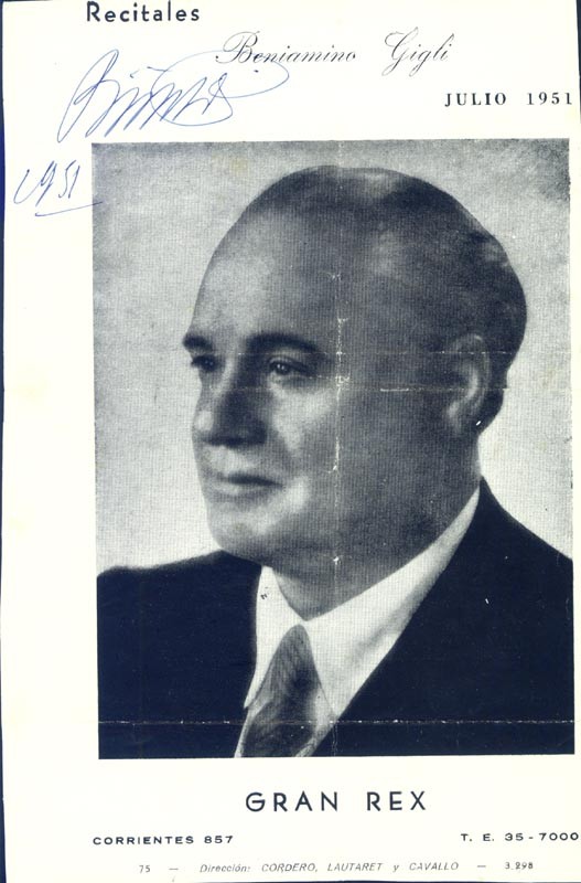 BENIAMINO GIGLI - PROGRAM COVER SIGNED 1951