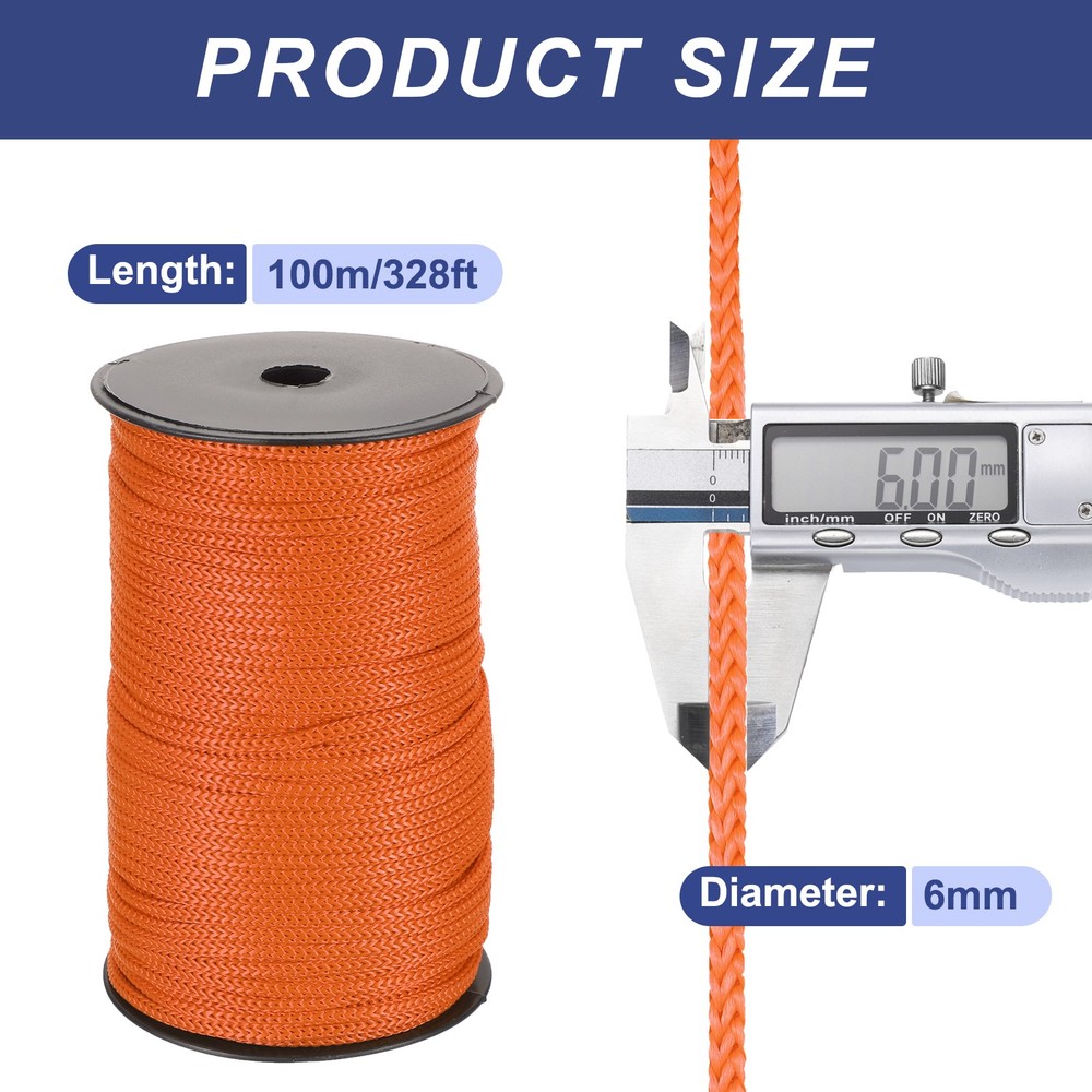 1/4"" Braided Polypropylene Rope, 100m for Dark Orange Nylon