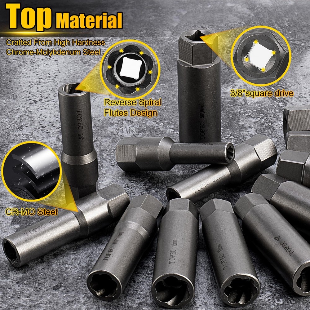 Topec 15PCS Deep Bolt Extractor Kit, 6mm19mm Nut Extractor Socket Set, 3/8" D...