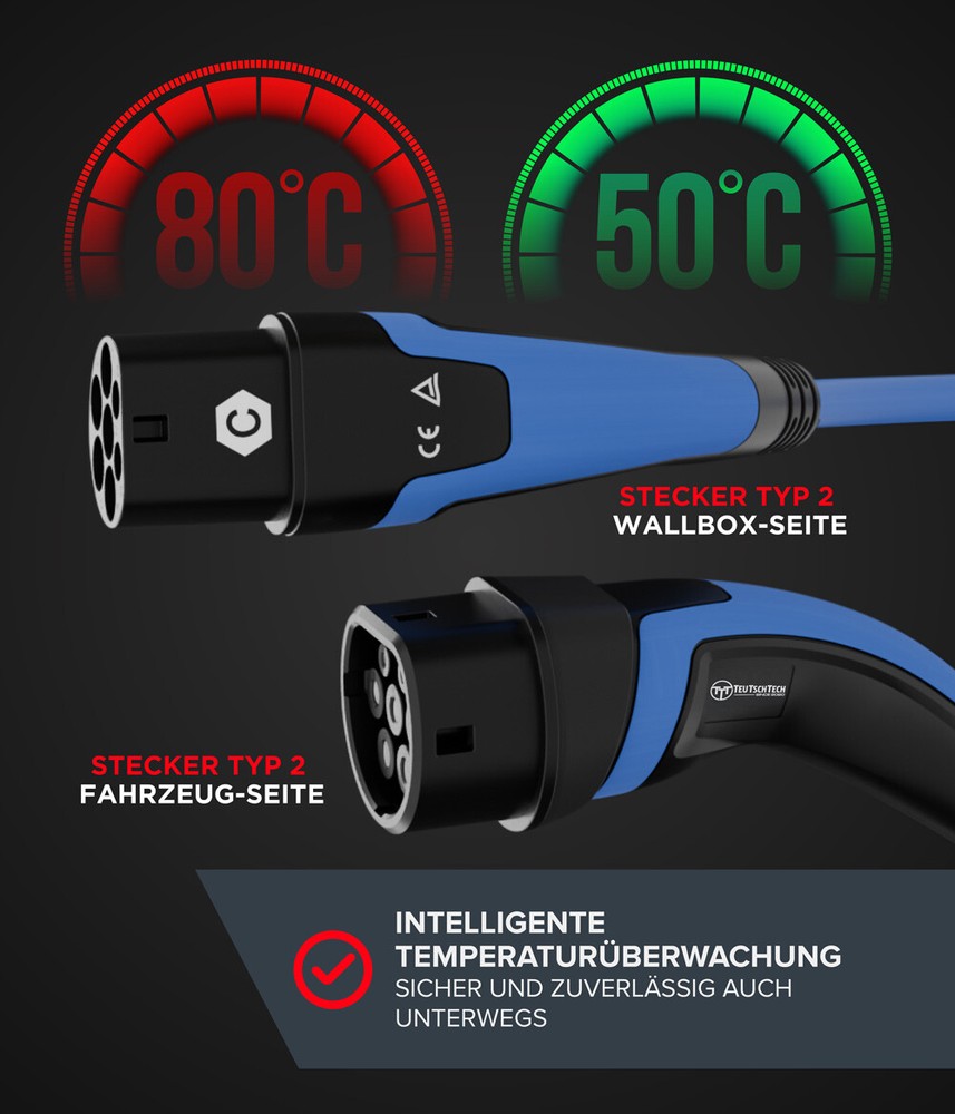 Charging Cable Type 2 | 7.4kW | 10m | Blue | Temperature Monitored | Safe Charging