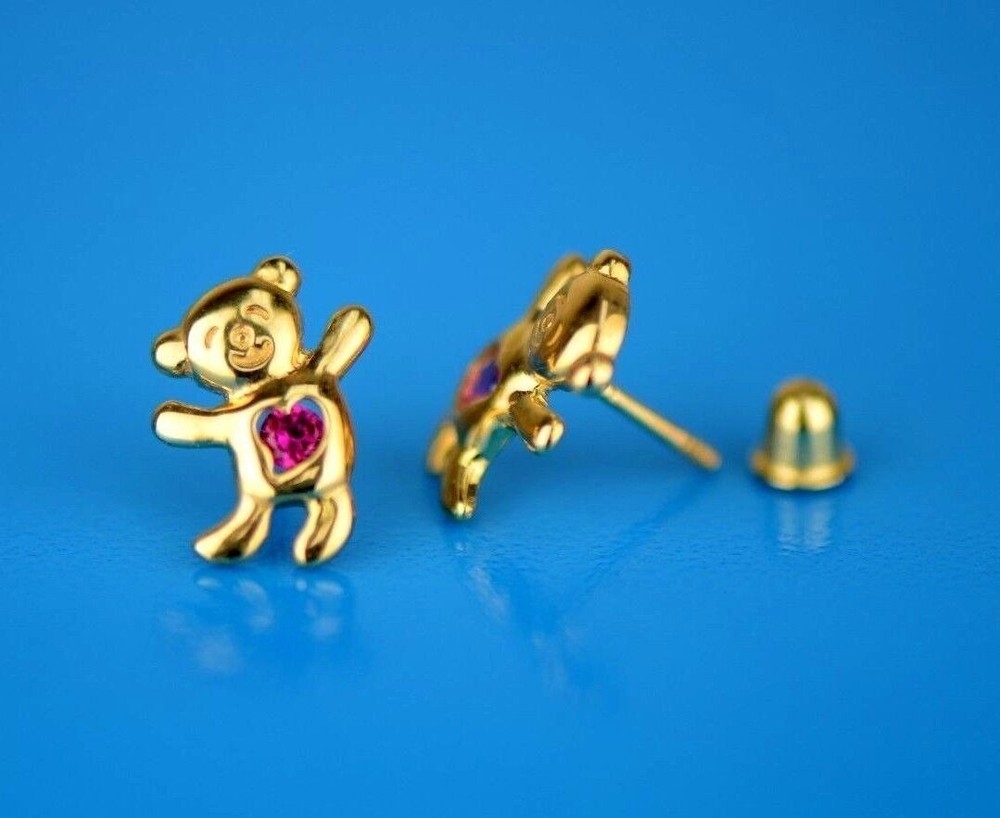 14k Yellow Gold CZ Bear Stud Earrings