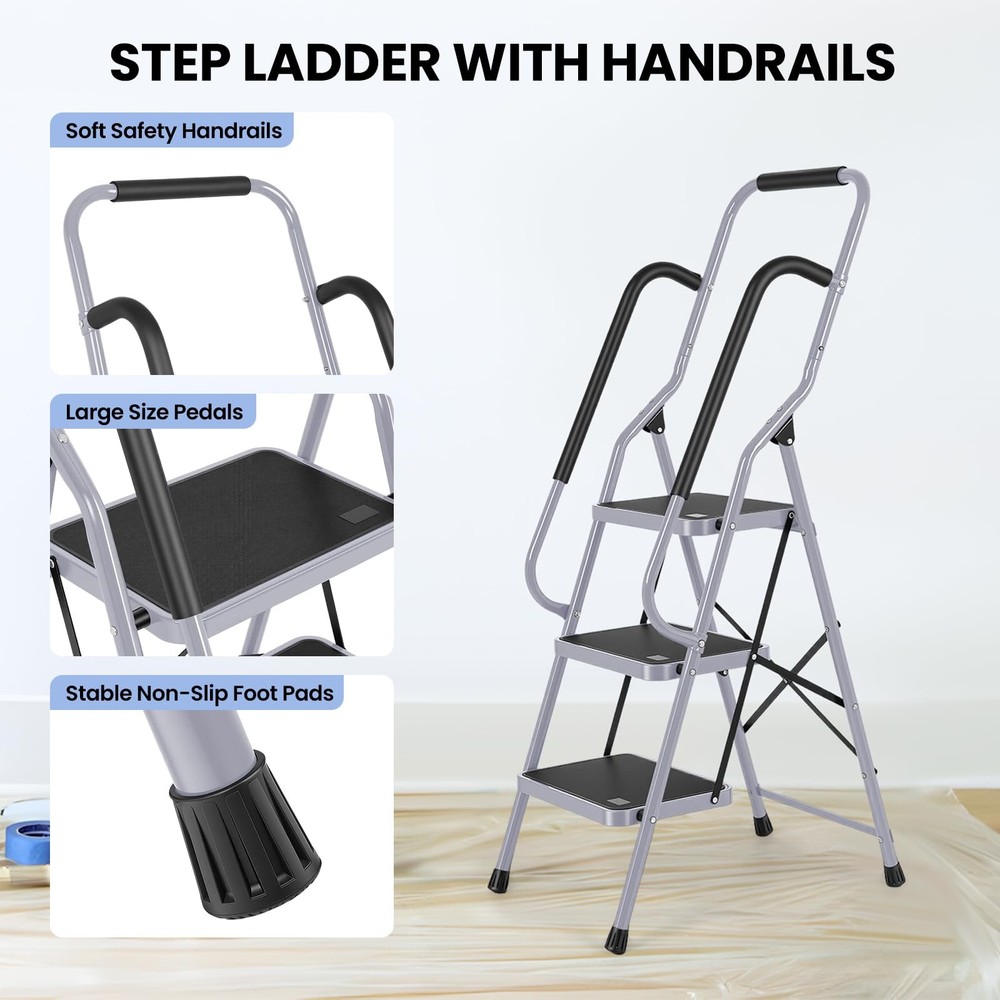 Step Ladder 3 Step Folding with Handrails, Folding Step Stool with Wide Anti-...