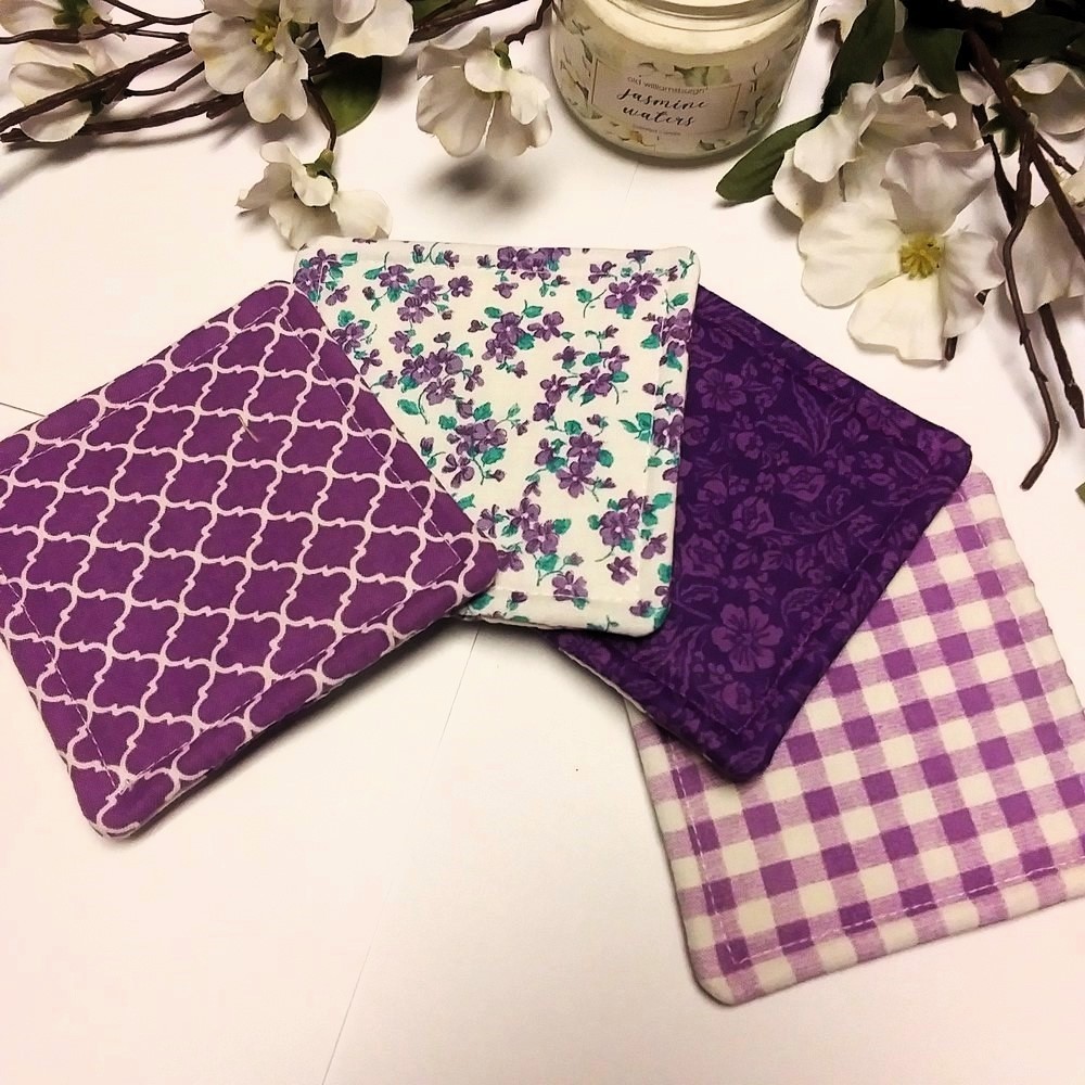 PURPLE PASSION 5pc Handmade Reversible Patchwork Coasters w/Holder & Button