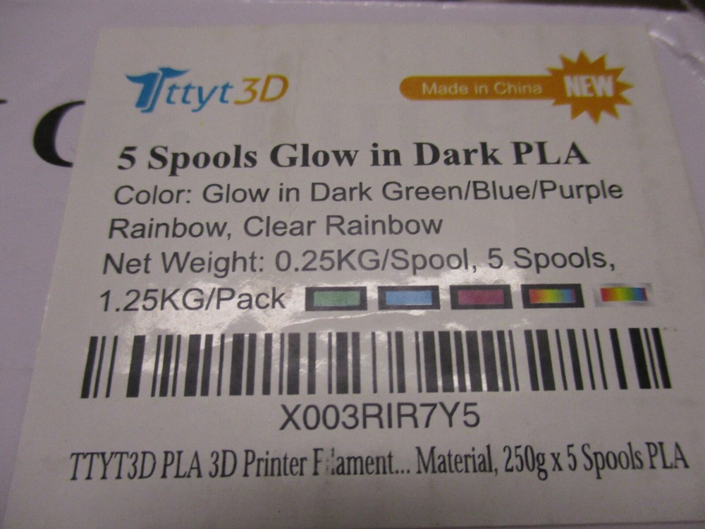 TTYT3D 3D Printer Filament Pack (5 Glow in the dark spools) NEW