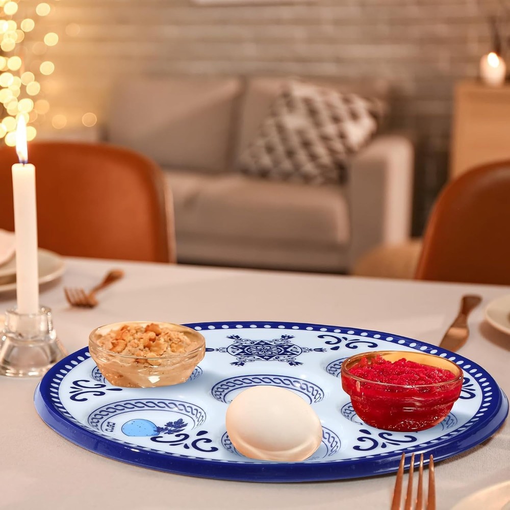 Disposable 6 Pack Seder Plates in Blue Renaissance - Dishwasher Safe & Stackable