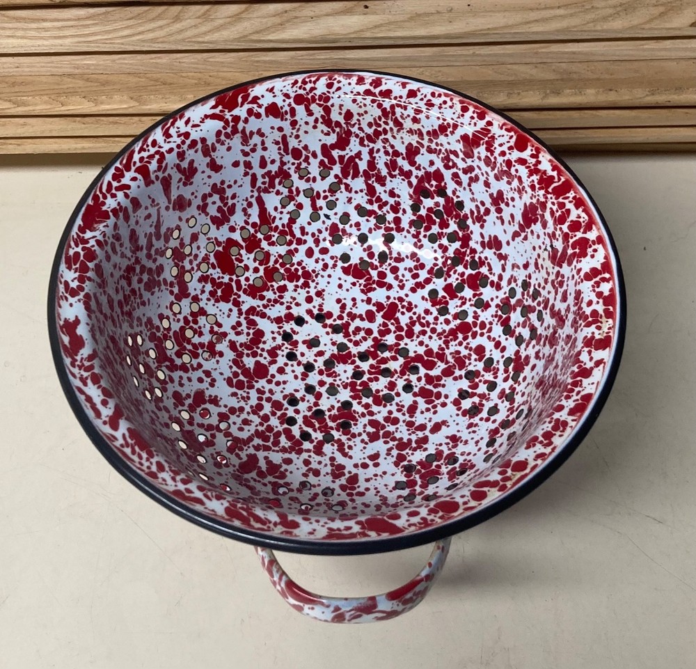 Vintage Enamelware Graniteware Red White Splatterware Colander 9" Diameter