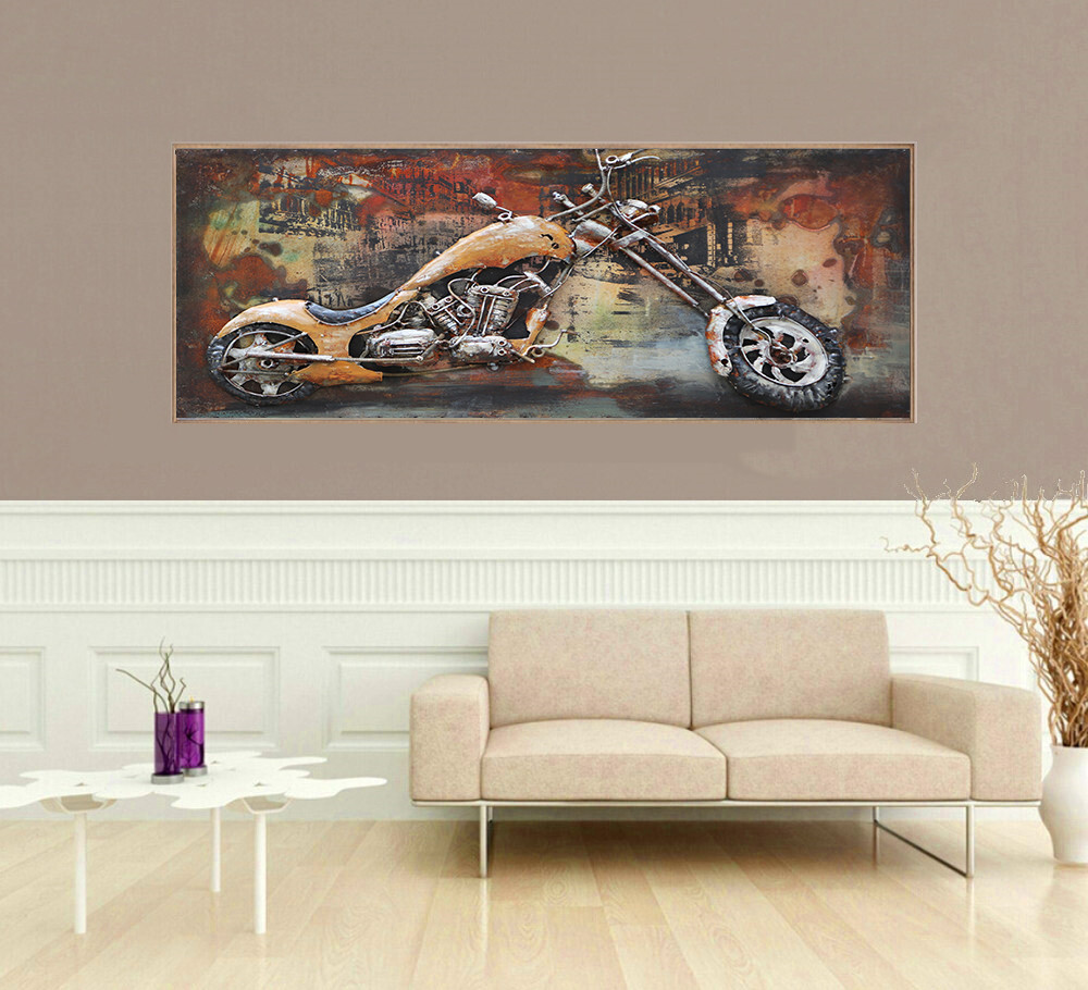 Motorcycle Wall Sculpture Mixed Media Iron Hand Painted Dimensional Wall Artwork