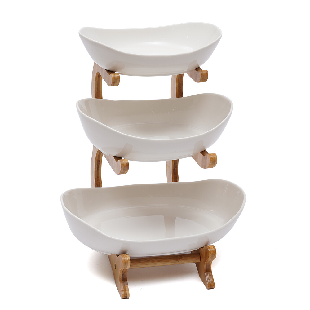 3-Tier Kitchen Fruit Tray Ceramic Vegetable Fruit Basket Bowl w/Wood Shelf