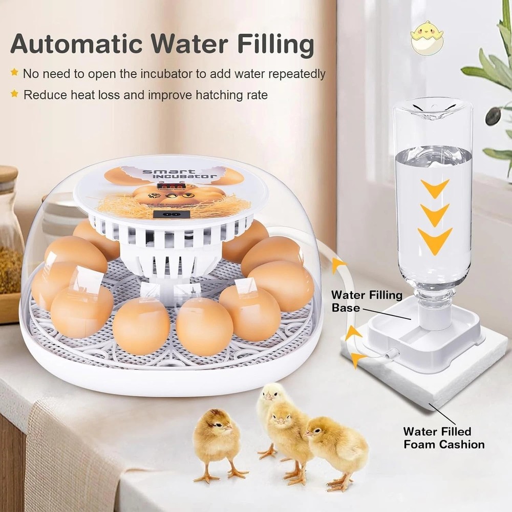 Advanced 12 Egg Incubator with Automatic Egg Turning and Water Injector System
