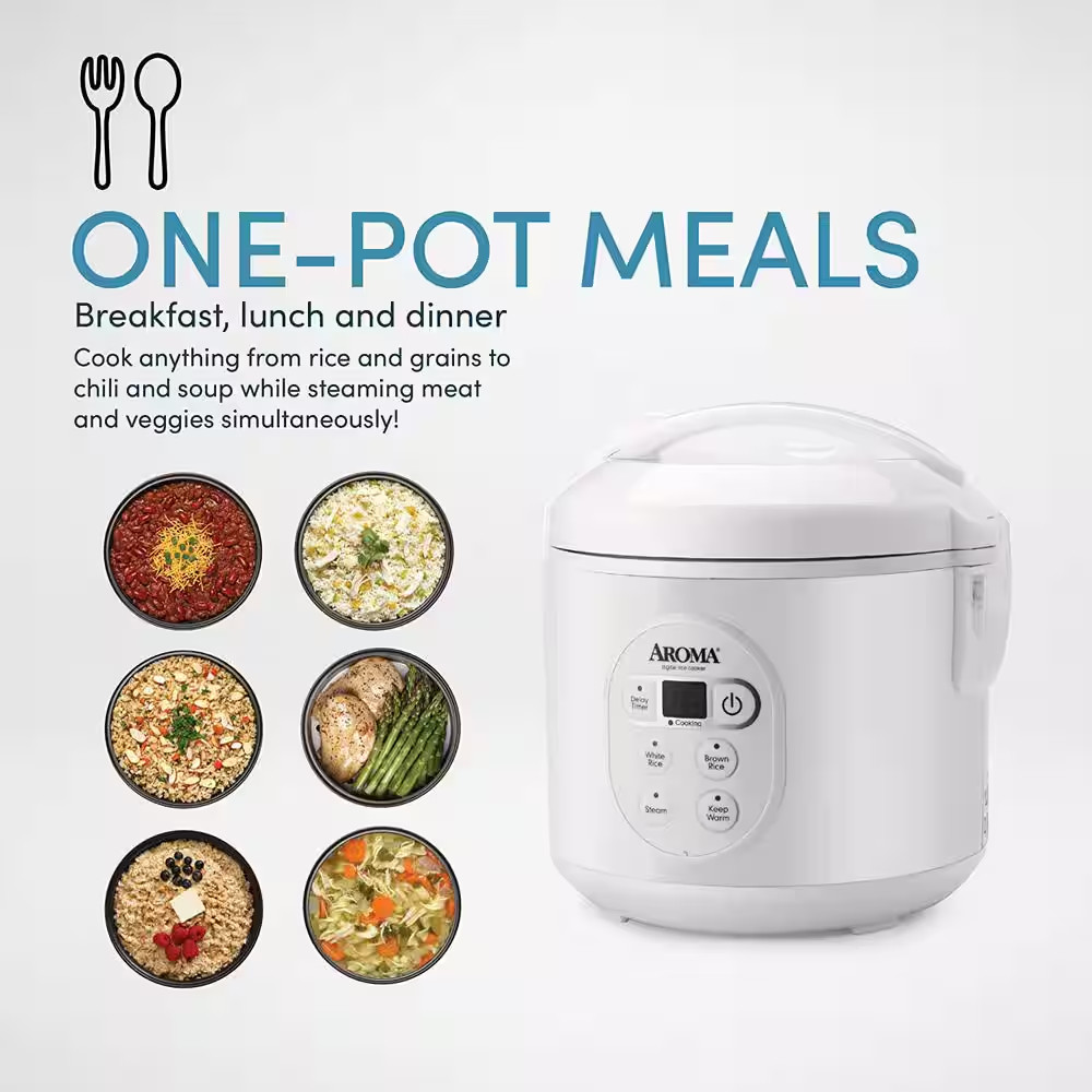 8-Cup White Digital Rice Cooker in Black Control Panel