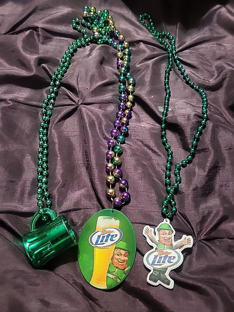 bundle of 3 Mardi Gras St. Patrick Beads Miller lite