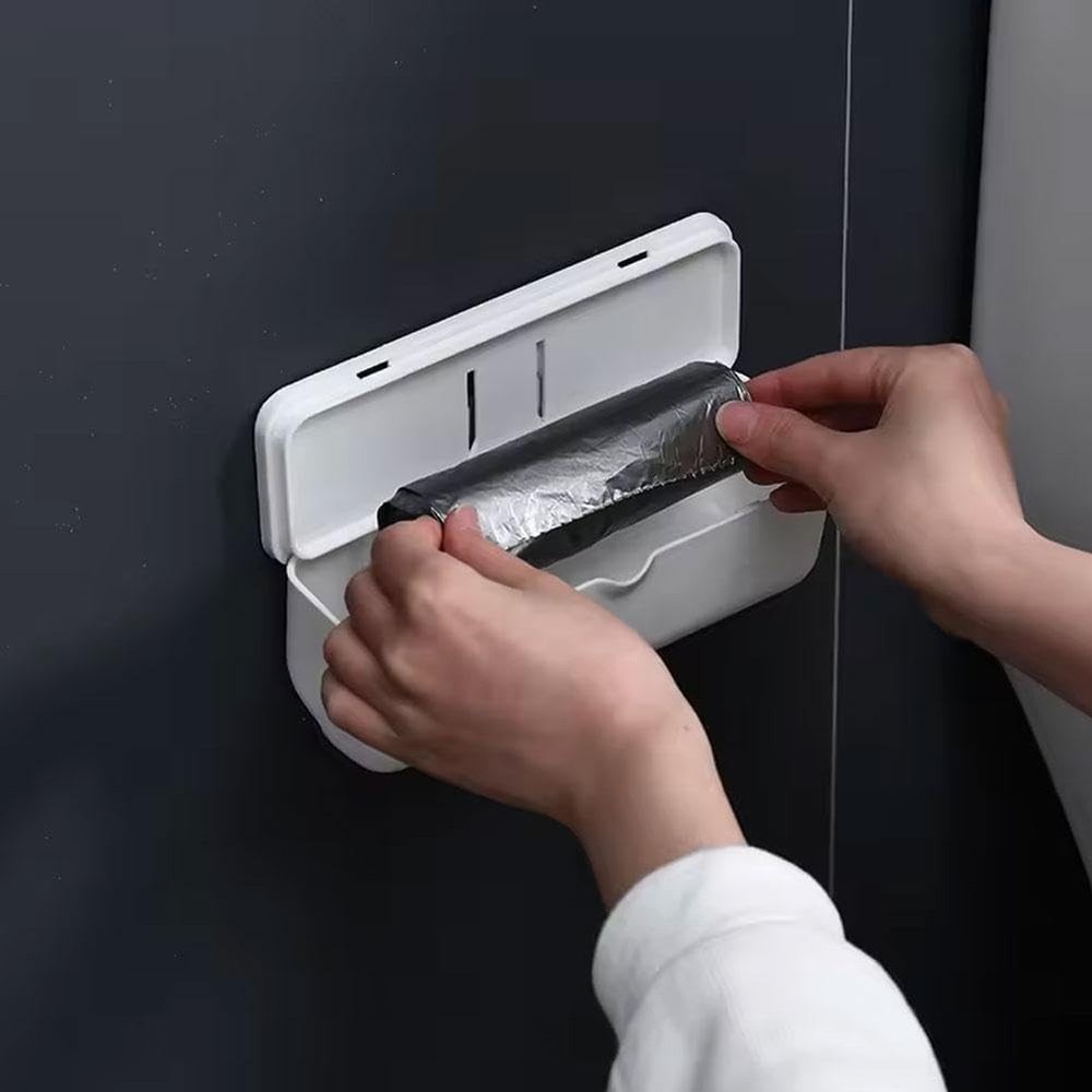 Gray wall-mounted garbage bag dispenser, small kitchen storage accessory