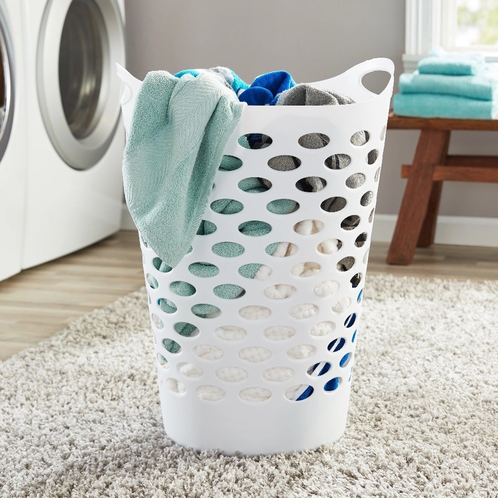White Round Laundry Hamper with Handles for Easy Carrying
