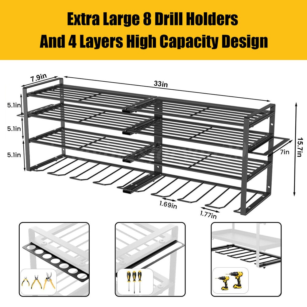 Power Tool Organizer Wall Mount,Extended Large Heavy Duty 8 Drill Holder,4 Layer