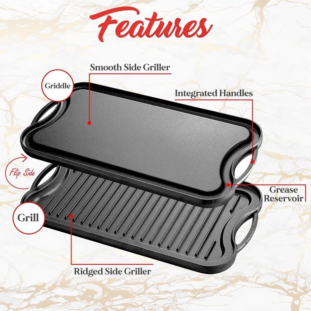 NutriChef Kitchen Plate Reversible Cast Iron Griddle, Classic Flat Grill Pan