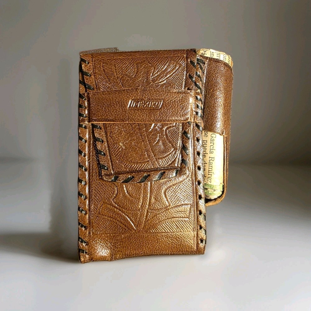 Vintage Hand Tooled Mexican Leather Cigarette Case With Lighter Holder