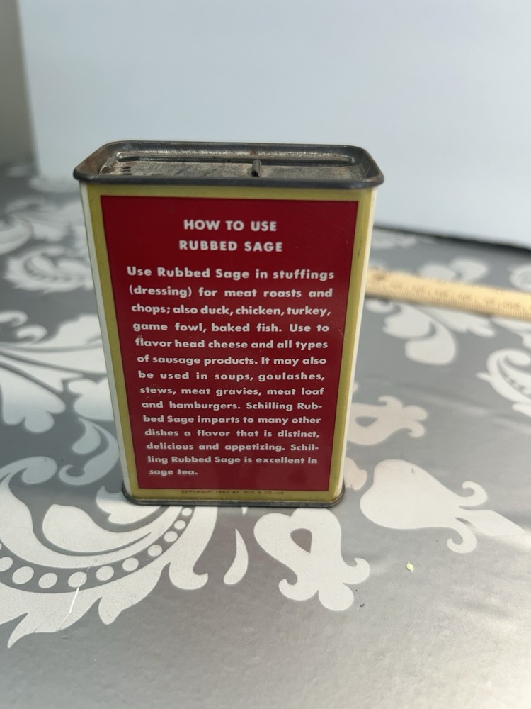 Vintage Schilling Since 1881 Rubbed Sage Spice Tin.