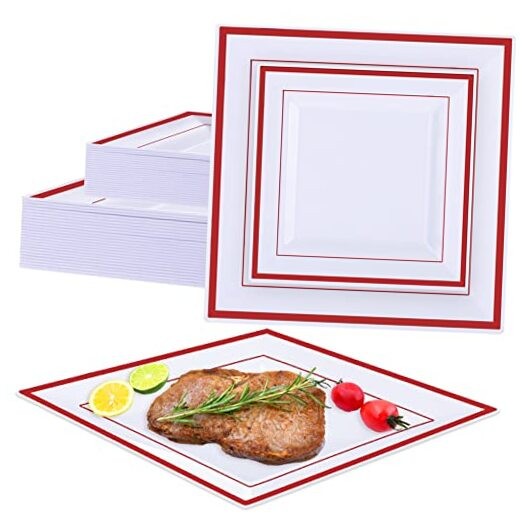 50 Pcs Square Plastic Plates White Disposable Dinnerware Set 25 Guests 9.5 Red