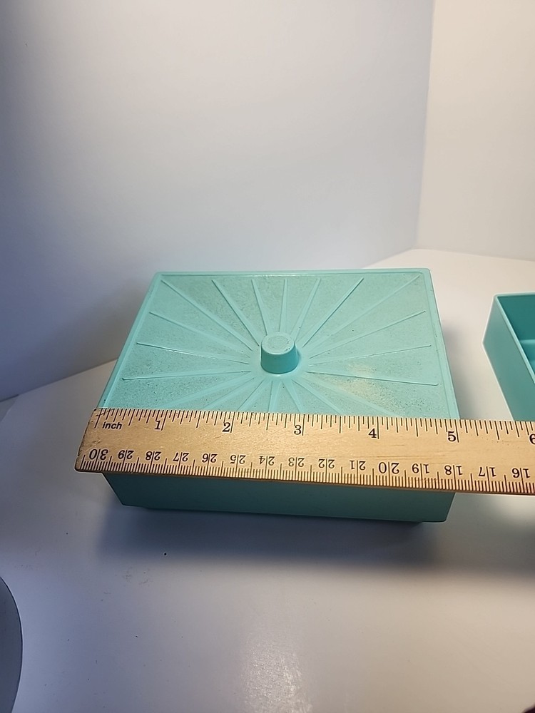 2 MCM Teal Blue Vanity Storage Box Melamine Starburst Lidded Container VTG -ff