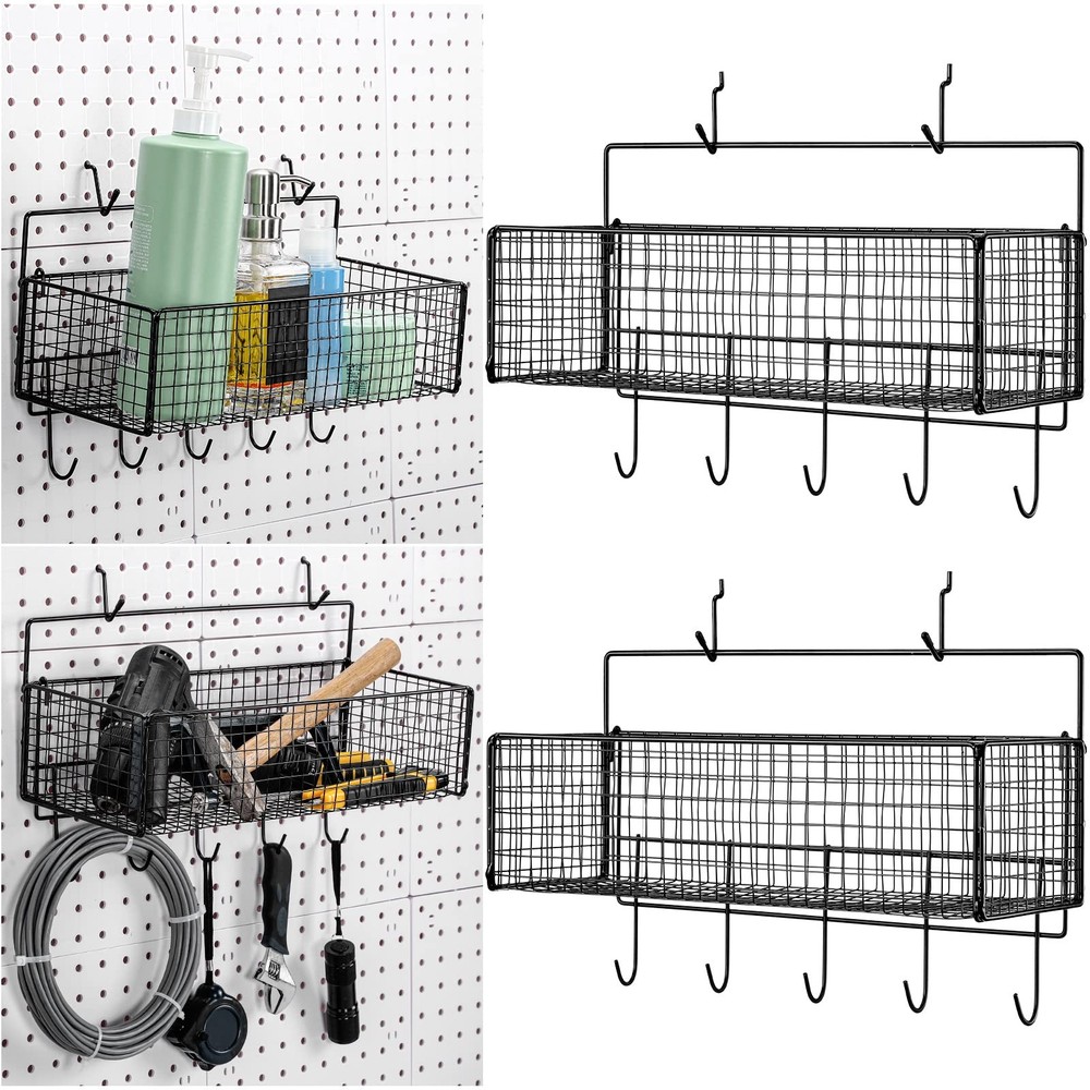 2 Pcs Pegboard Accessories Set Including 2 Pegboard Baskets Bins with 5 Hooks...