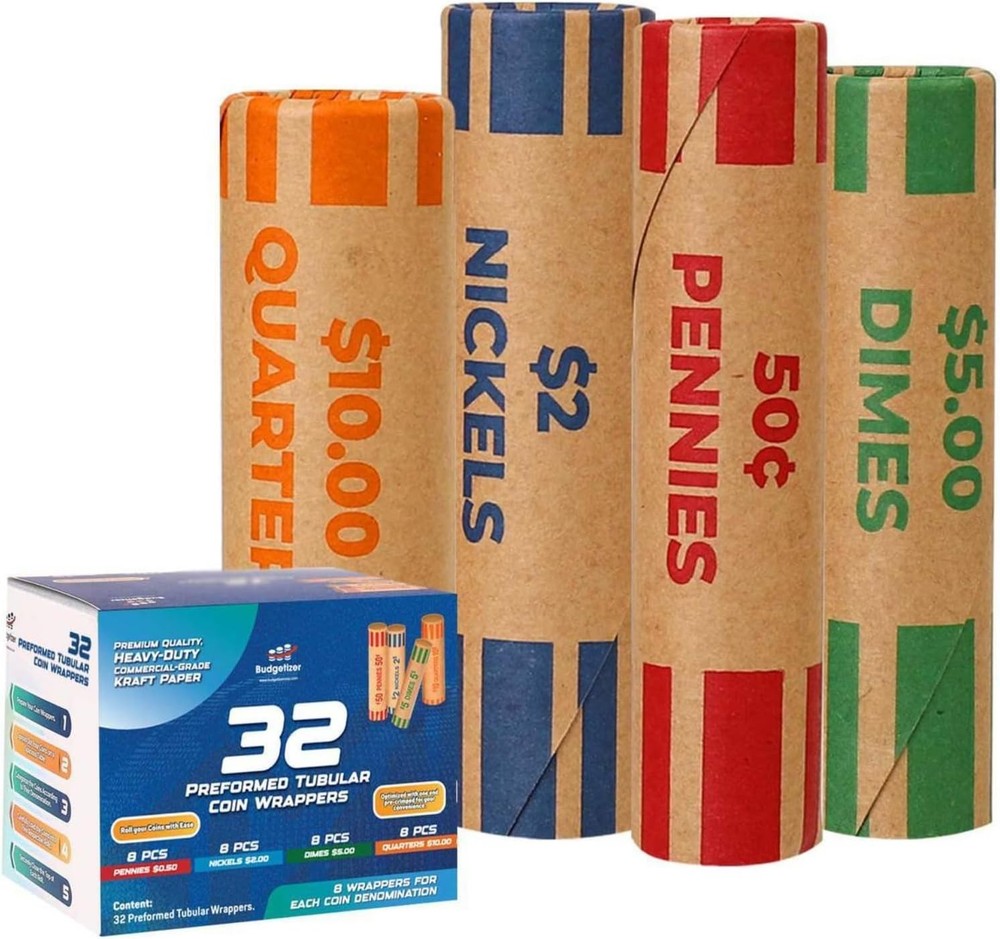 Durable 32 Coin Rolls Wraps - ABA Standard Color-Coded for Effortless Organizing