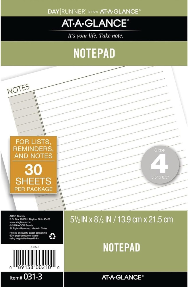 AT-A-GLANCE Day Runner Lined NotePad Pages, 87275 Small, White-cream