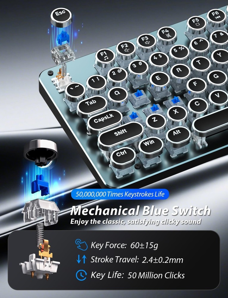 Typewriter Style Mechanical Gaming Keyboard Blue Switch, Rainbow LED Backlit ...