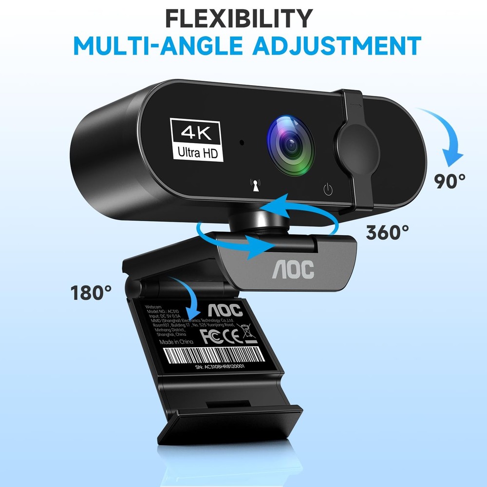 AOC 4k Webcam for PC with Microphone, Computer Camera Noise Black