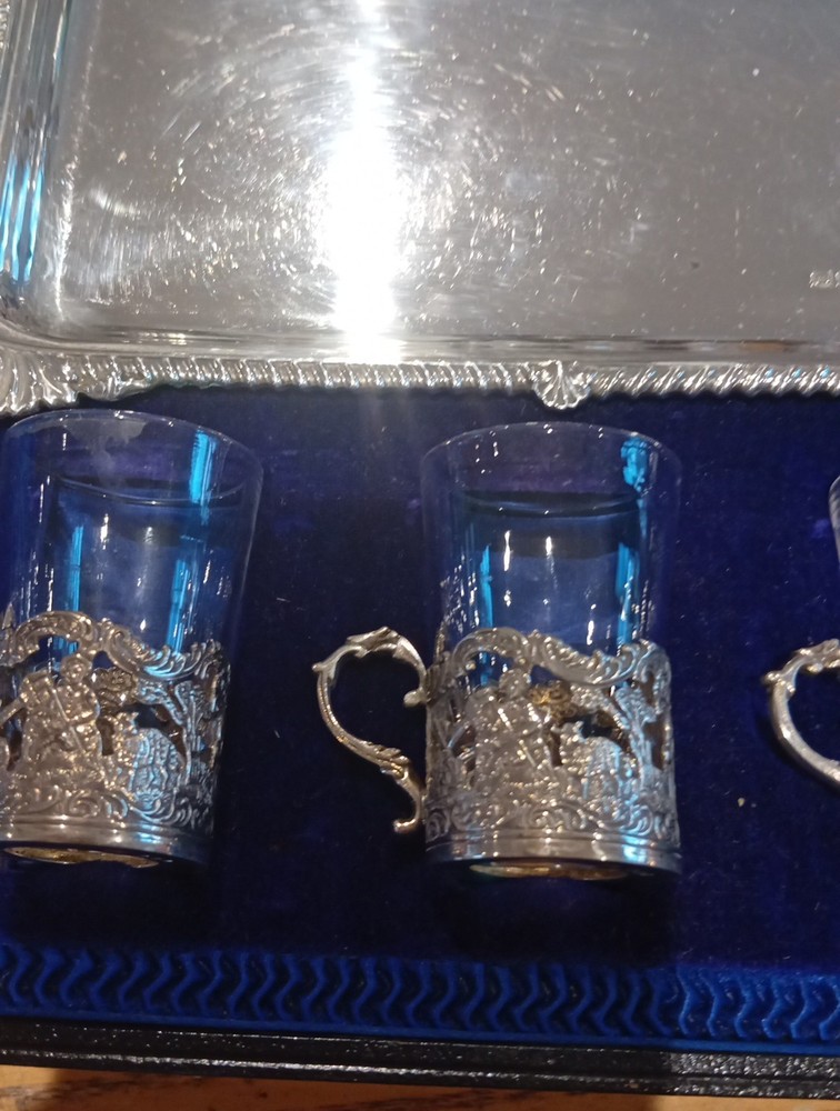 AntiqueBoxed Solid Silver Liquer and Salver Set.