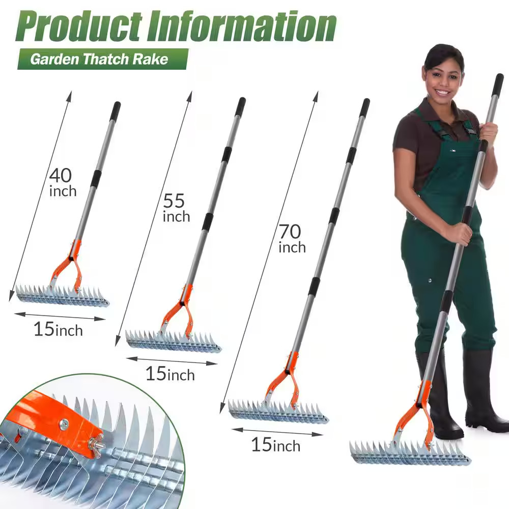 70 In. Adjustable Steel Handle Thatch Rake With19 Tines, Back Saving Lawn Thatch