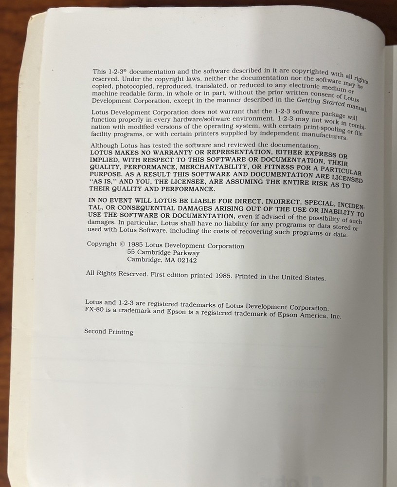 Vintage Lotus 123 Reference Manual 1985