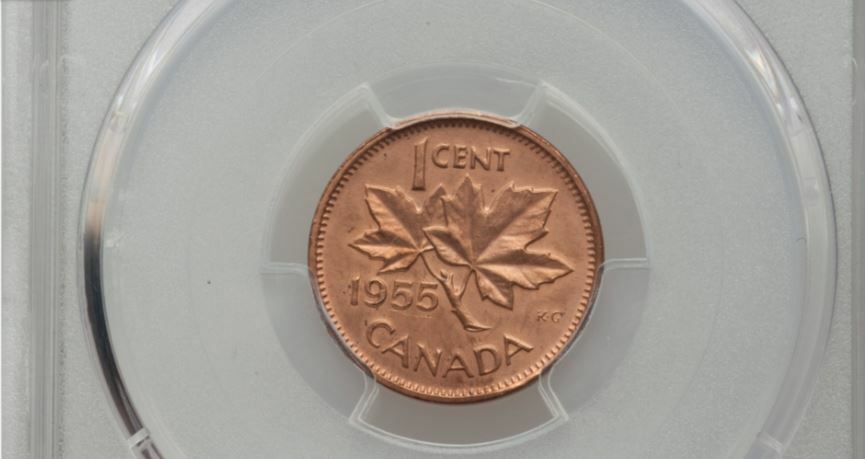 ERROR. 1955 Canada 1 Cent No Strap (NSF) PCGS Genuine Cleaned-UNC Detail