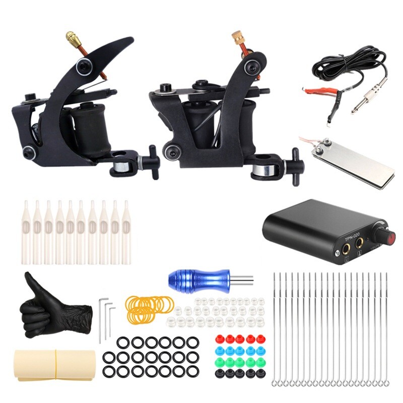 Complete Beginner Tattoo Kit Machine Gun Liner Shader Power Supply Tip Grip