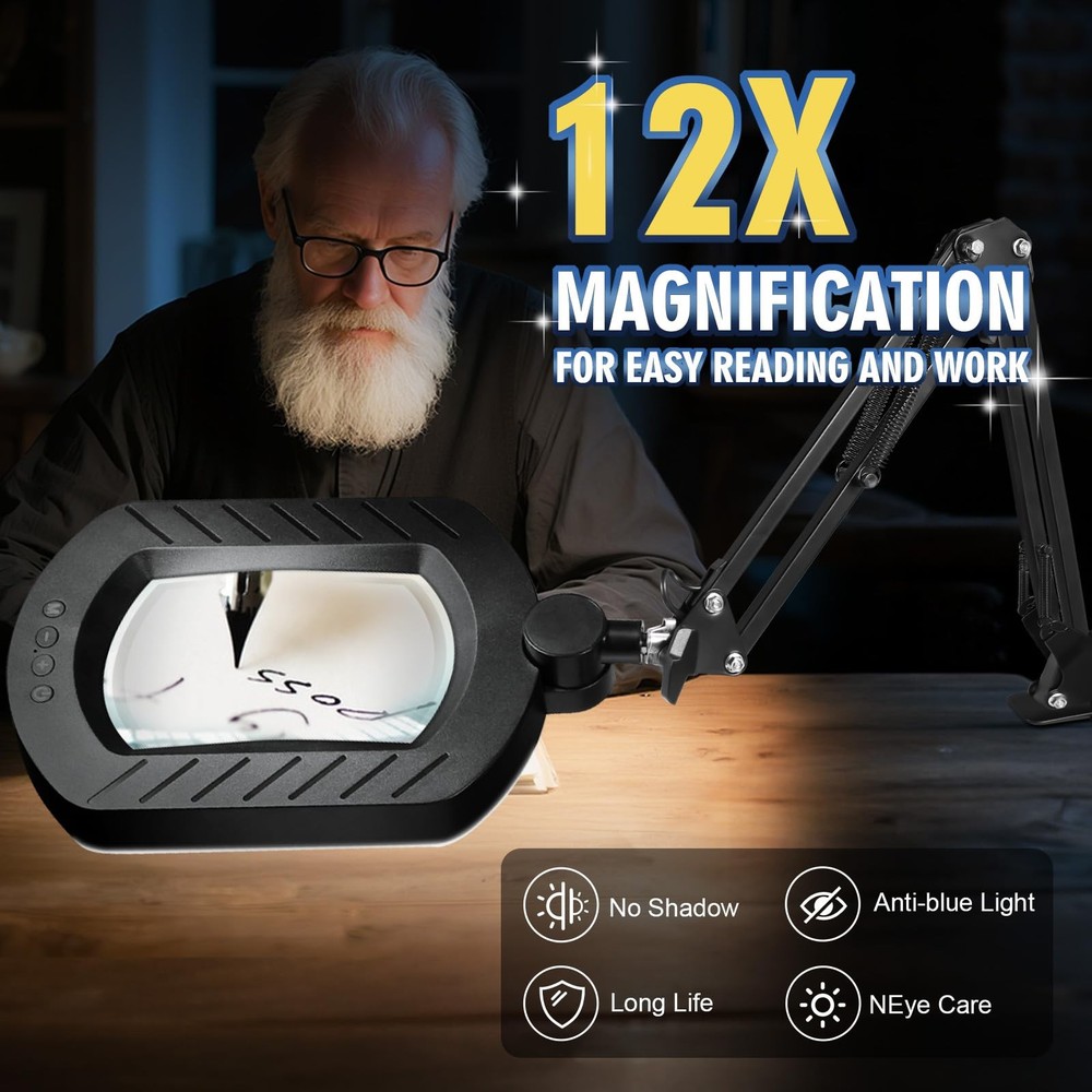 12X Square Magnifying Glass with Large Light, Black