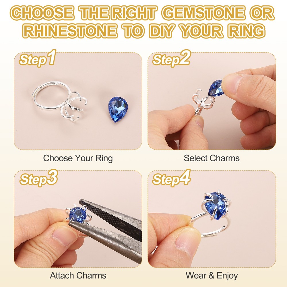 2Pcs Adjustable Prong Ring Settings for DIY Jewelry Making, Silver White