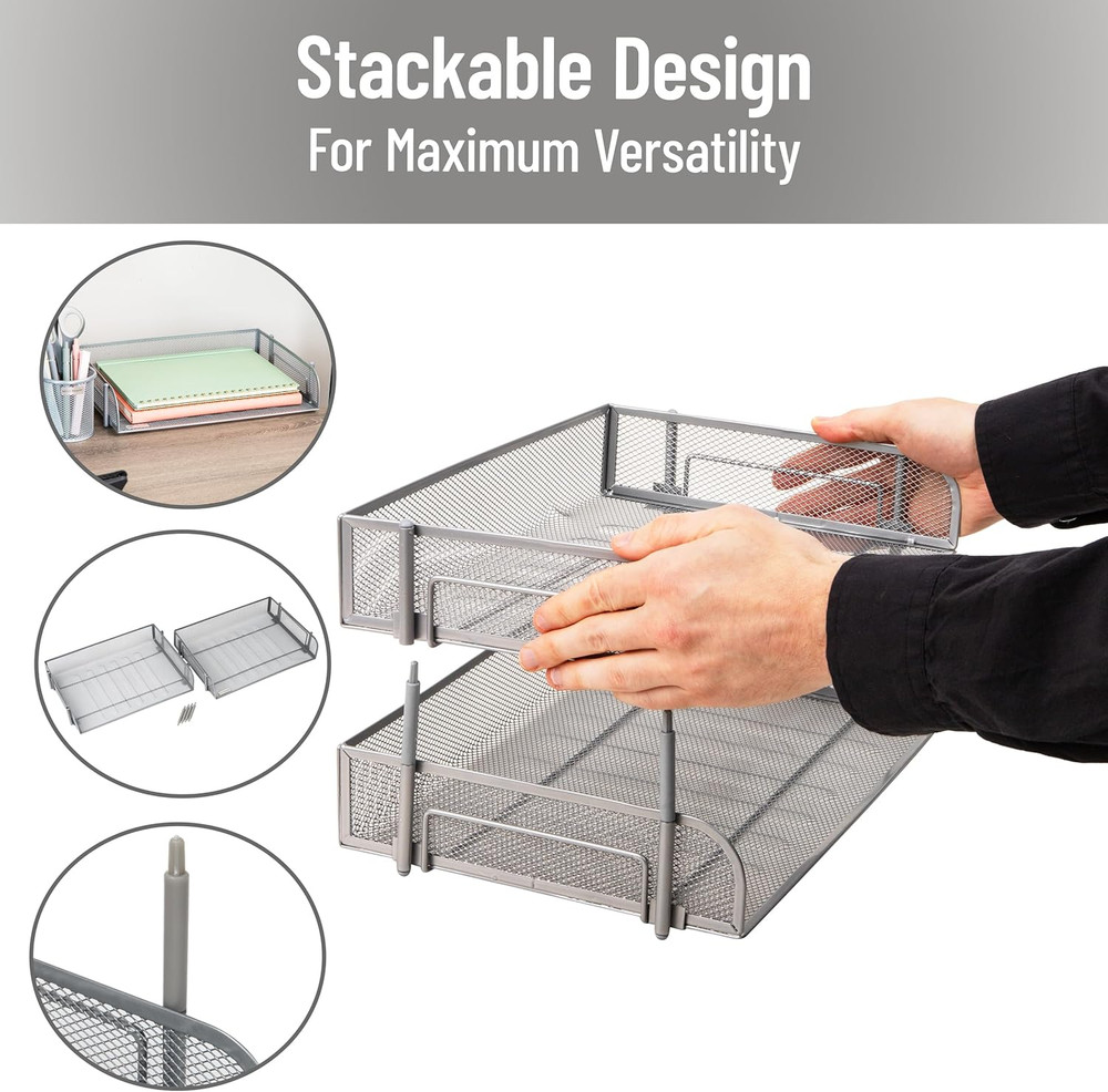 Stackable Paper Tray, Desktop Organizer, File Storage, Office, Metal Mesh, 13.5"