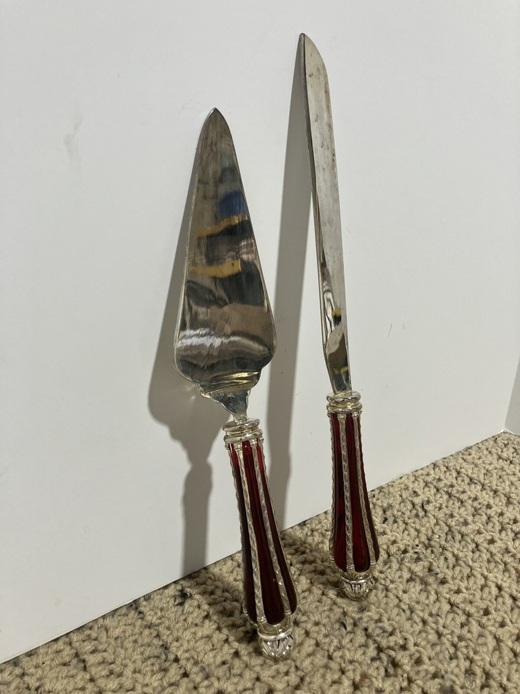 Silver Plated Dessert Set-Knife & Server w/Ruby Red Glass & Silver Accent Handle