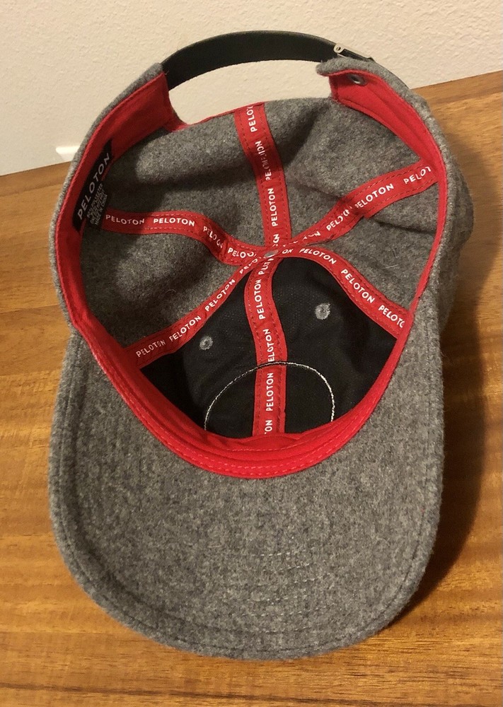 Peloton Cycle Tread Wool Strapback Hat Logo Patch Gray Red Adjustable Cap EUC