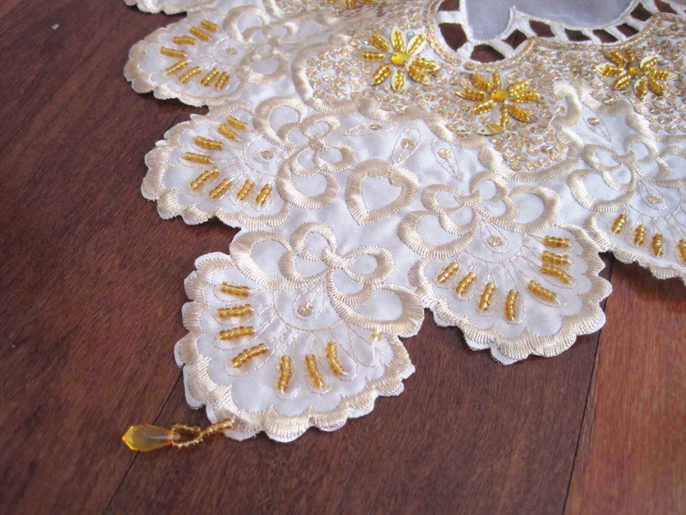 CL@Gorgeous Hand Bead Sequin Embroidery Cutwork Ivory Sheer Patch Table Cloth