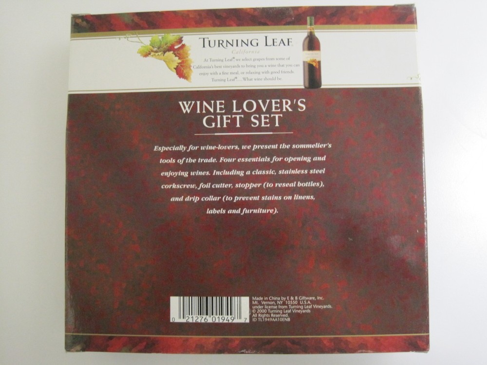 Turning Leaf Wine Lover's Gift Set. Corkscrew, Foil Cutter, Stopper, Drip Collar