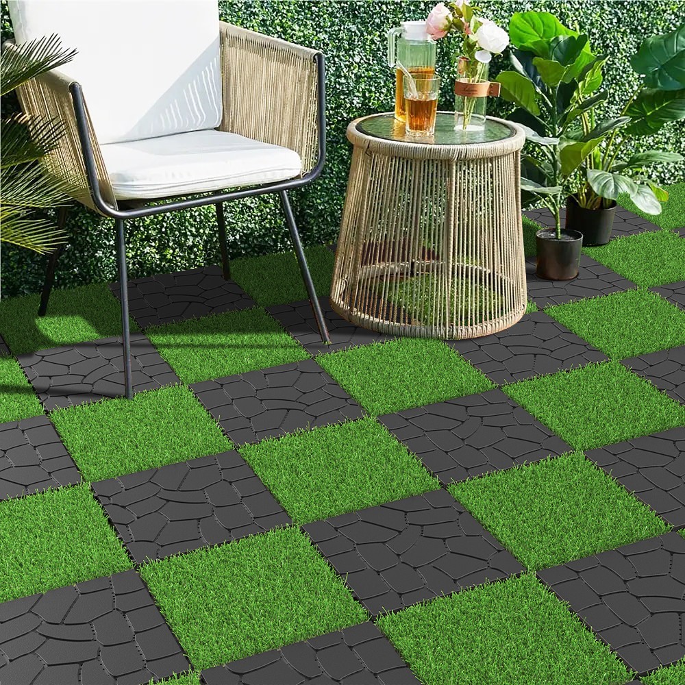 Stone Texture Interlocking Patio Deck Tiles 44pcs Dark Gray DIY Tool Free