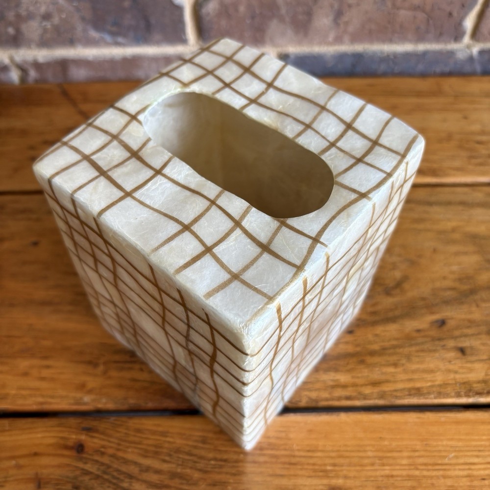 Capiz Shell Square Tissue Box Cover With Gold Plaid Pattern