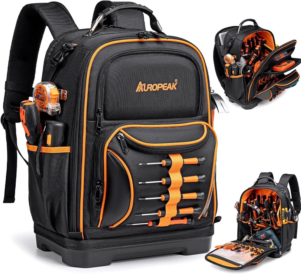 73-pocket tool backpack, unisex, heavy-duty design, waterproof molded base.