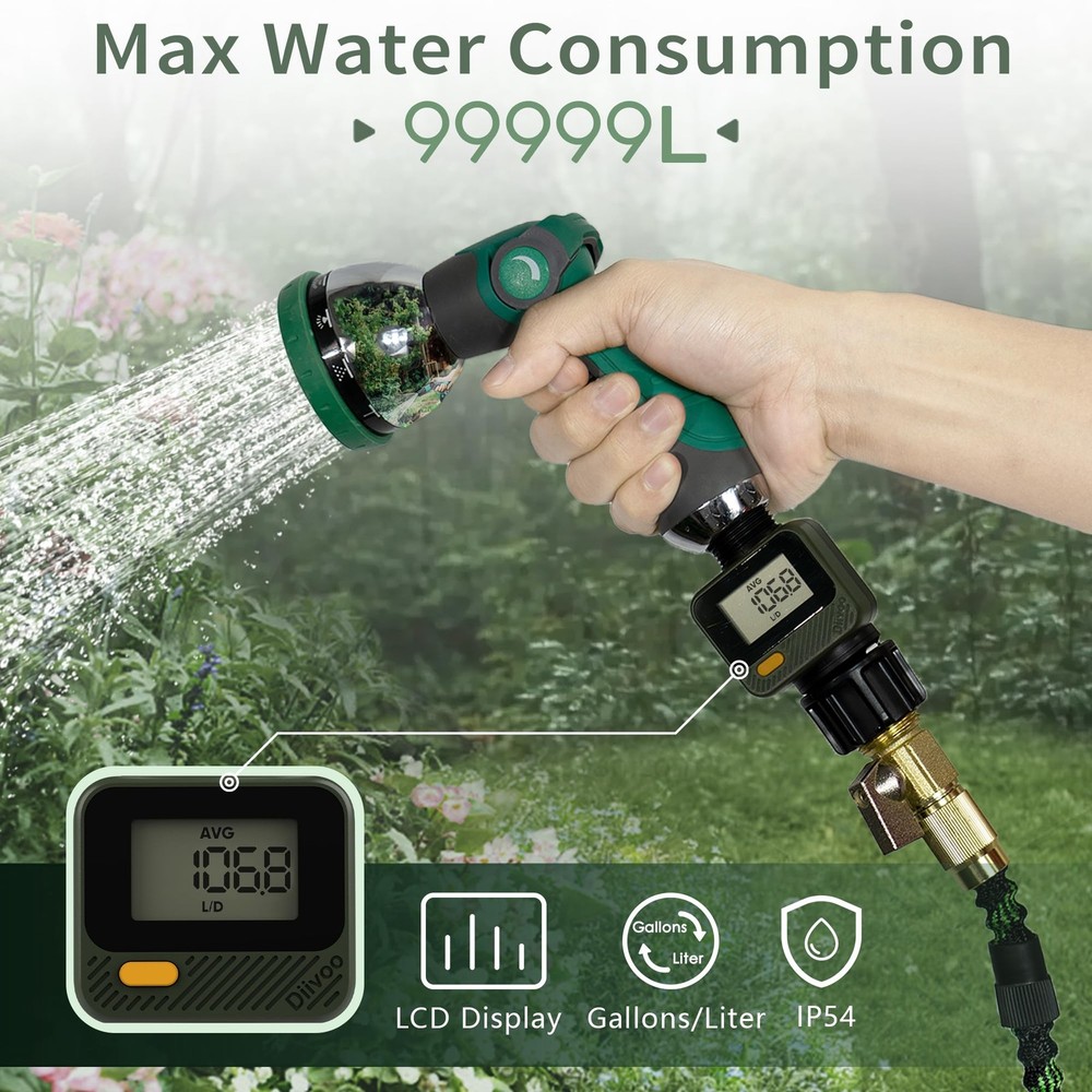 Water Flow Meter with 180° Removable Panel, 4 Measure Modes, ±5% High Accurac...