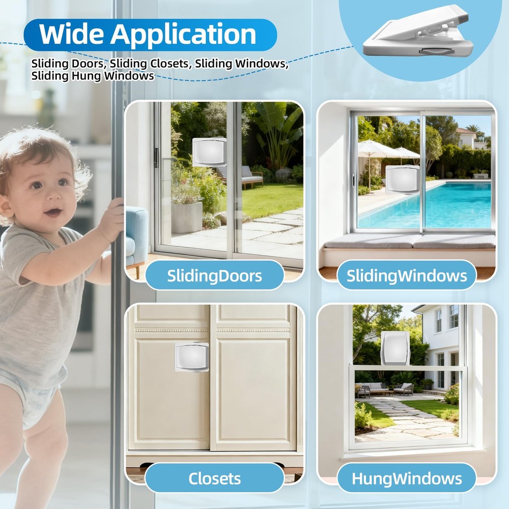 2 Pack Sliding Door Lock with 3M Adhesive - Child Safety 2 Pack, White