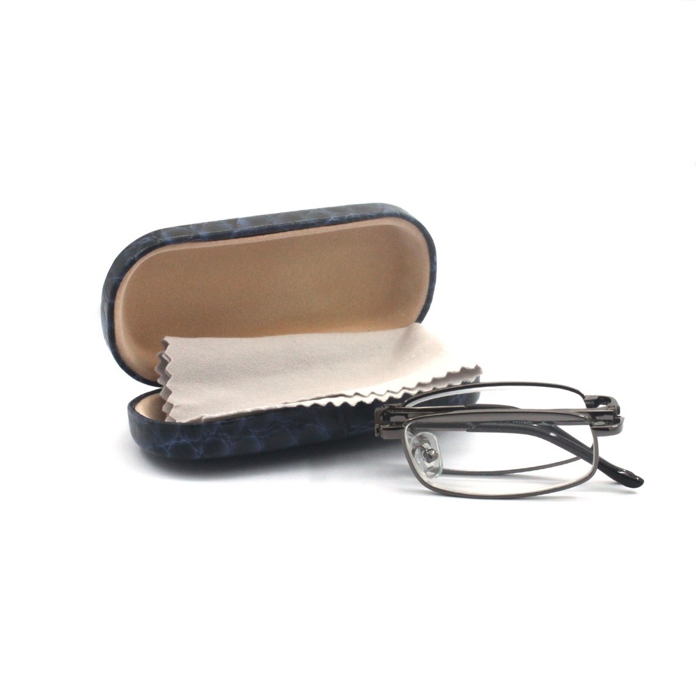 EYEZOOM Compact Rectangular Metal Folding Reading Glasses with Leather Case