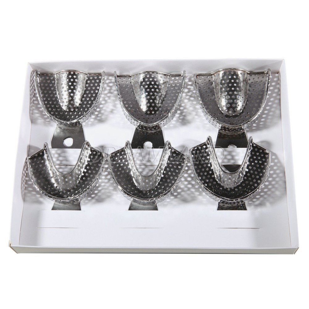 6 Metal Dental Impression Trays set Perforated Upper + Lower Denture Instruments